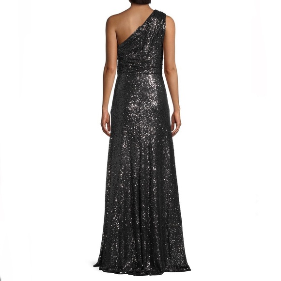 # Rene Ruiz Collection Gunmetal Color One Shoulder Sequined Gown With High Slit - Picture 16 of 16